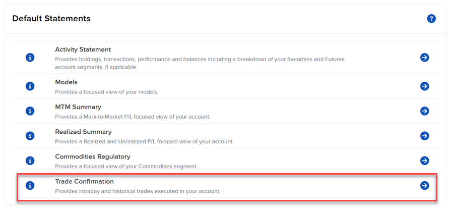 Image of the default statements panel in portal. 